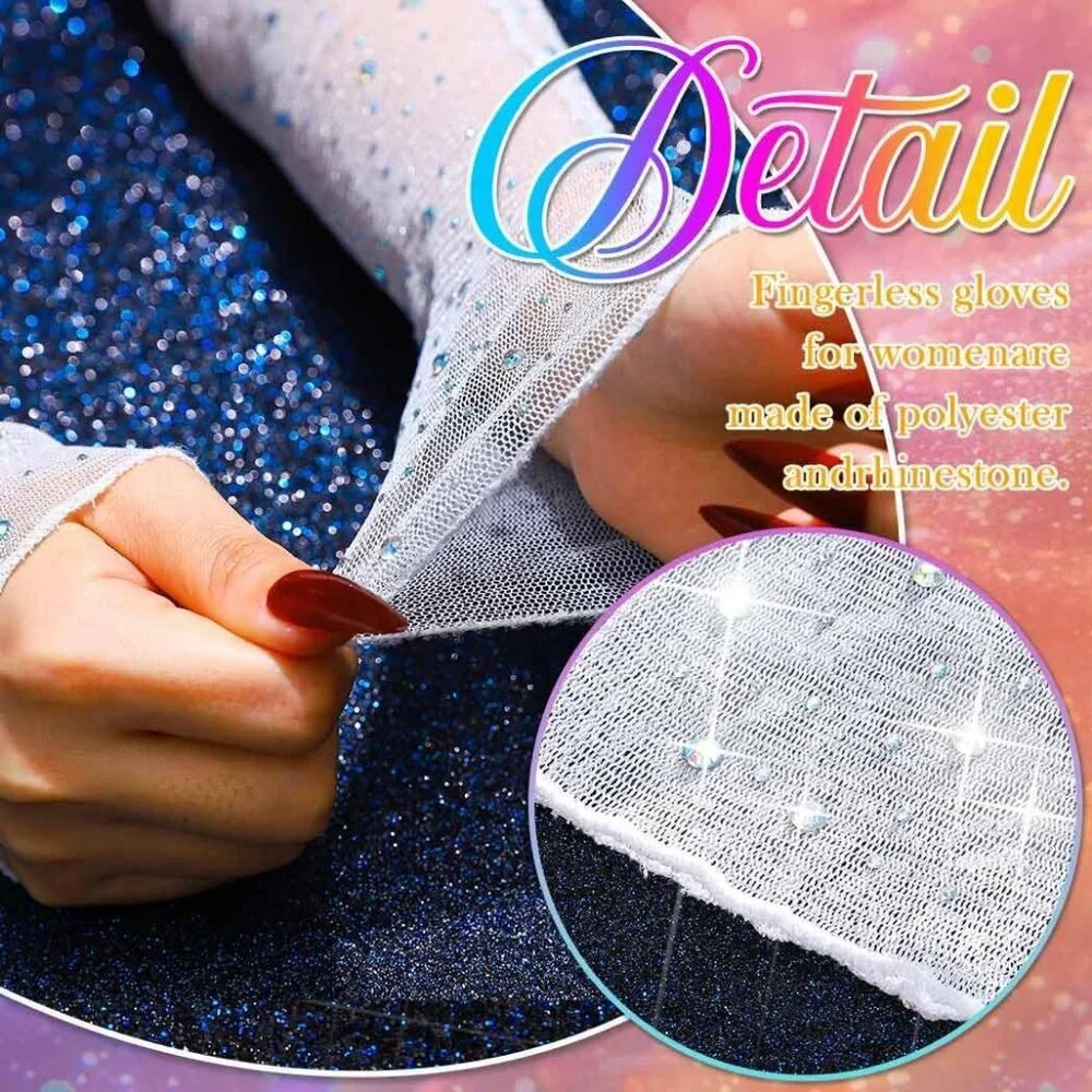 Women's Sparkly Rhinestone White Long Sleeves Fingerless Elbow Length Gloves